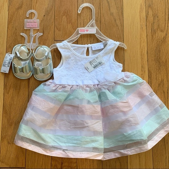 NWT • Childrens Place Lace Striped Dress + Sandals - Picture 2 of 9